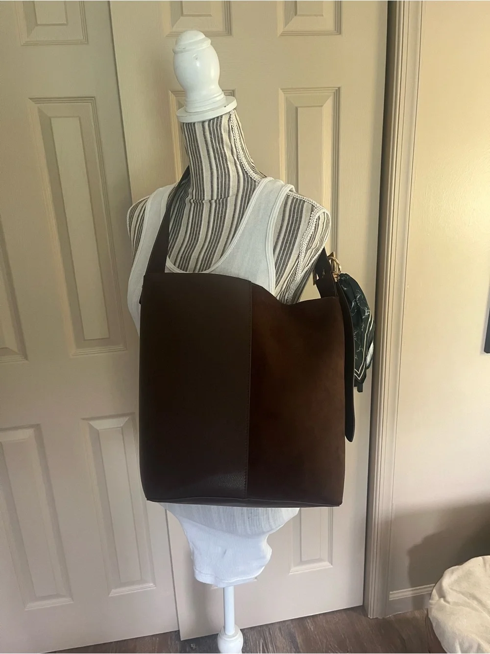 Tote Vegan leather & suede tote w/ removable charm adjustable buckle strap NWT